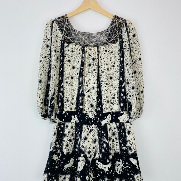 Anna Sui Black and Cream Horoscope Crochet Lace Trim Tie Silk Playsuit UK S - Picture 8 of 9